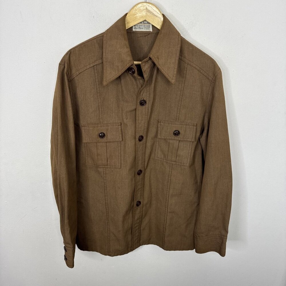 Vintage Sears Shirt Jacket Men L Brown Poly Viscose Workwear 70s Button Up